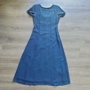 Lanz Of Salzburg Vintage Short Sleeve Navy Maxi Dress With Lace Size 6P